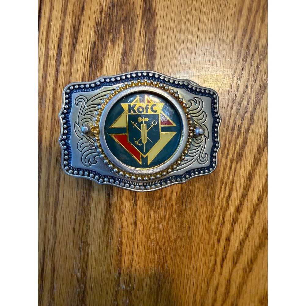 Vintage Knights of Columbus KofC Enamel Western Belt Buckle Made in USA Silver